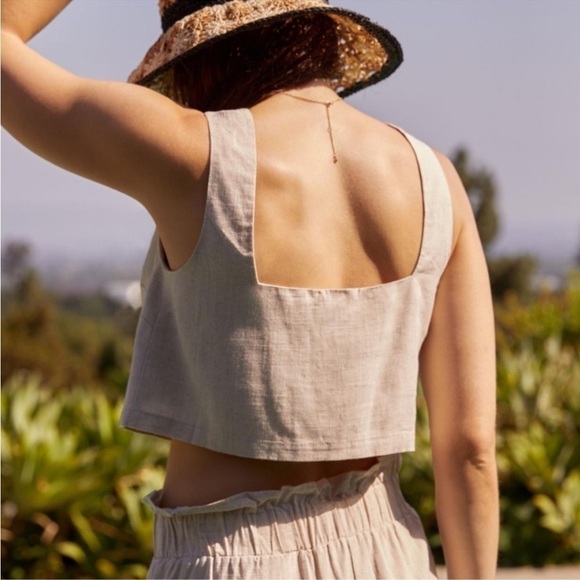 ANTHROPOLOGIE Flat White Square Neck Cropped Linen Blend Top Beige Size XL NEW - Picture 3 of 8